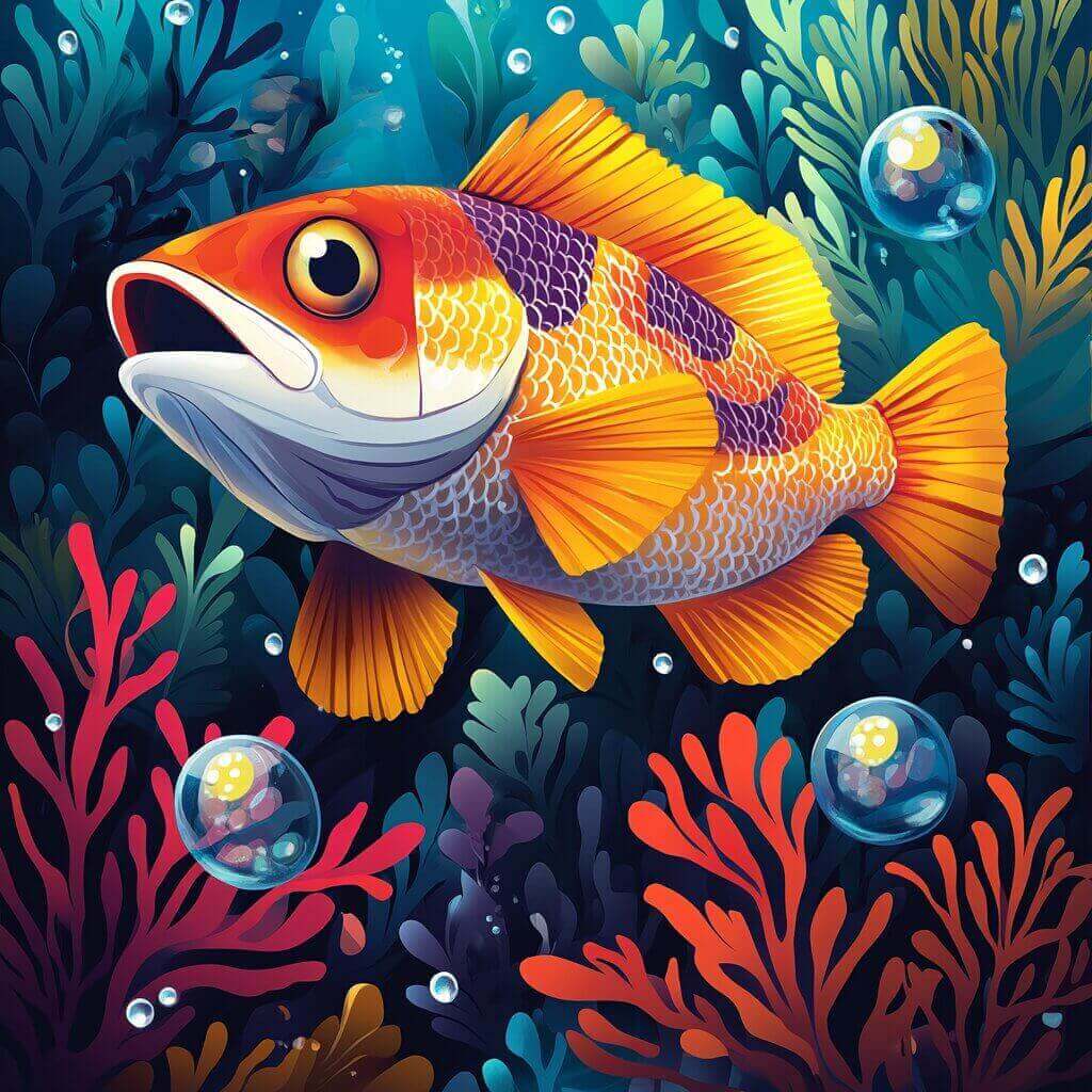 A vividly colored fish swims amidst underwater plants and bubbles in a vibrant, oceanic scene, showcasing how these fascinating creatures can breathe oxygen underwater.