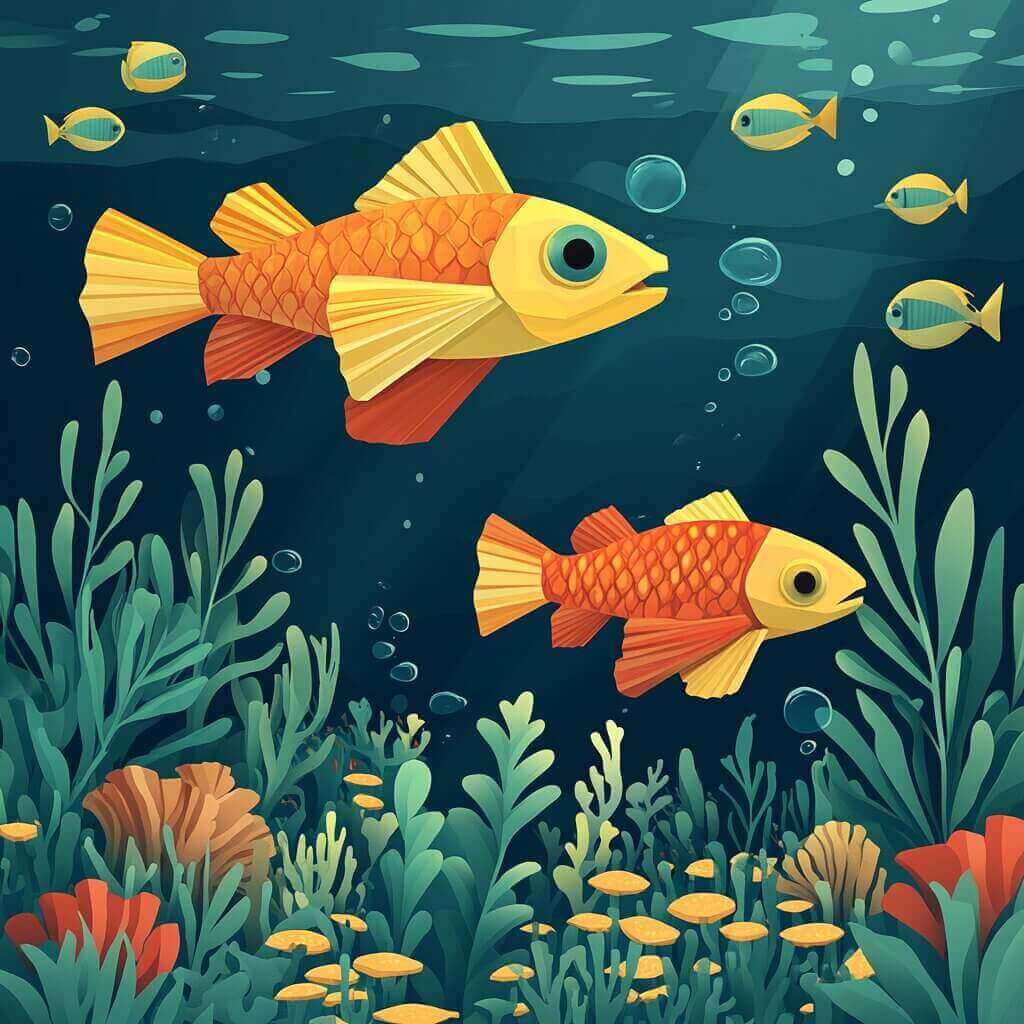 Digital illustration of an underwater scene featuring two large orange fish, several smaller green fish, various aquatic plants, and corals—making you wonder, can fish breathe oxygen in this vibrant habitat?