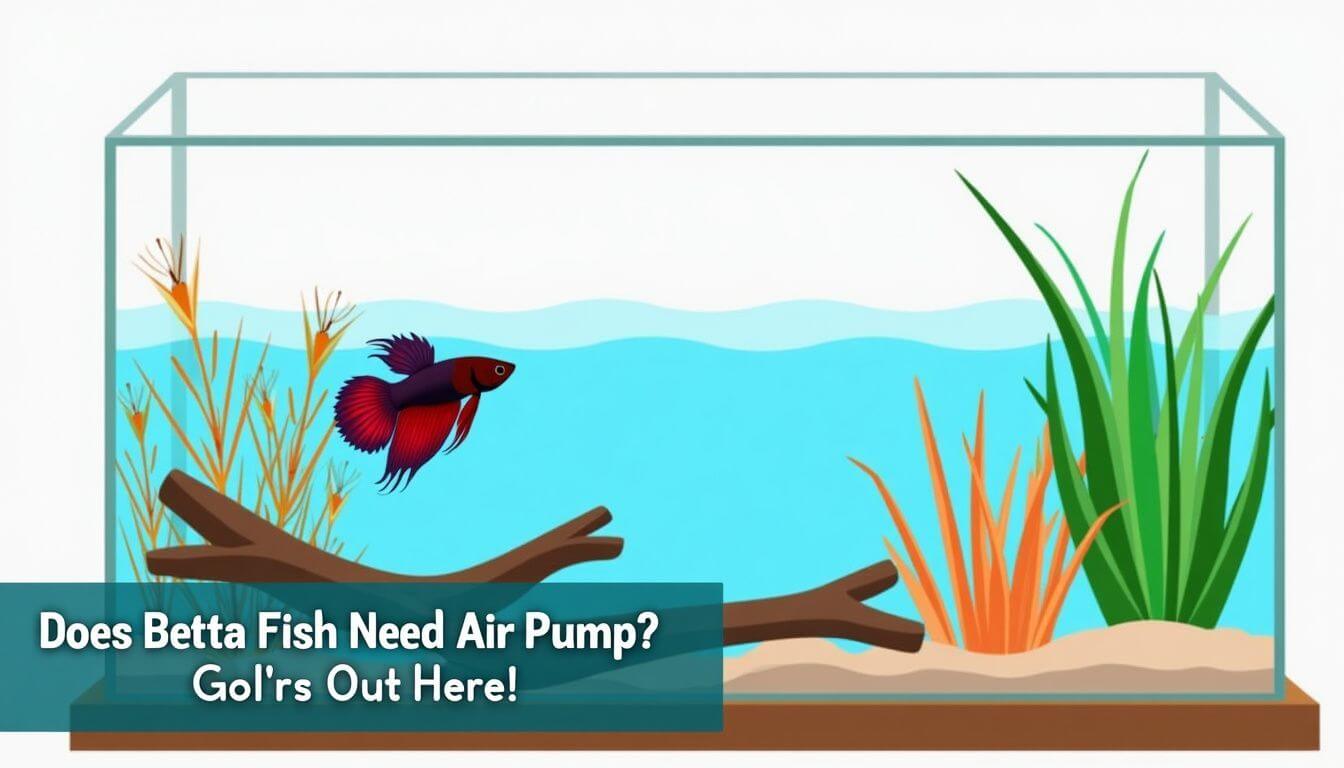 Illustration of a betta fish swimming in an aquarium with plants, driftwood, and gravel. Text overlay reads, "Does Betta Fish Need Air Pump? Go!r's Out Here!.