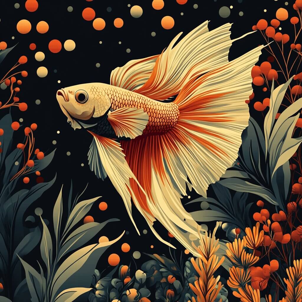 Illustration of a betta fish with flowing fins swims among aquatic plants and bubbles against a dark background, evoking the question of how much to feed betta fish in such a serene setting.