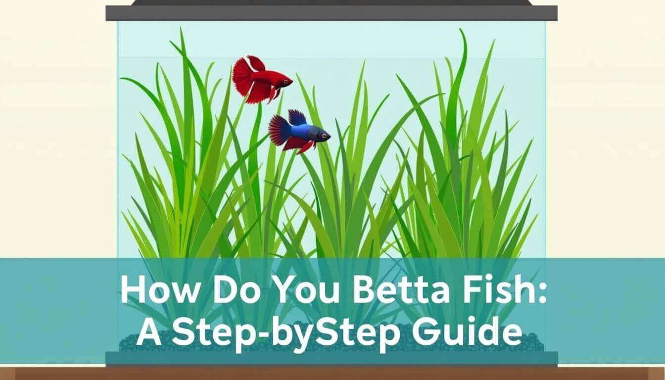 Illustration of a fish tank with green plants and two betta fish, one red and one blue. Text at the bottom reads, "How Do You Betta Fish: A Step-by-Step Guide.