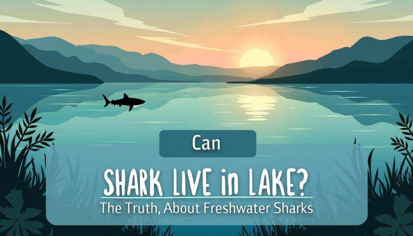 Illustration of a serene lake at sunset with a shark fin visible in the water. Text reads: "Can SHARK LIVE in LAKE? The Truth About Freshwater Sharks.