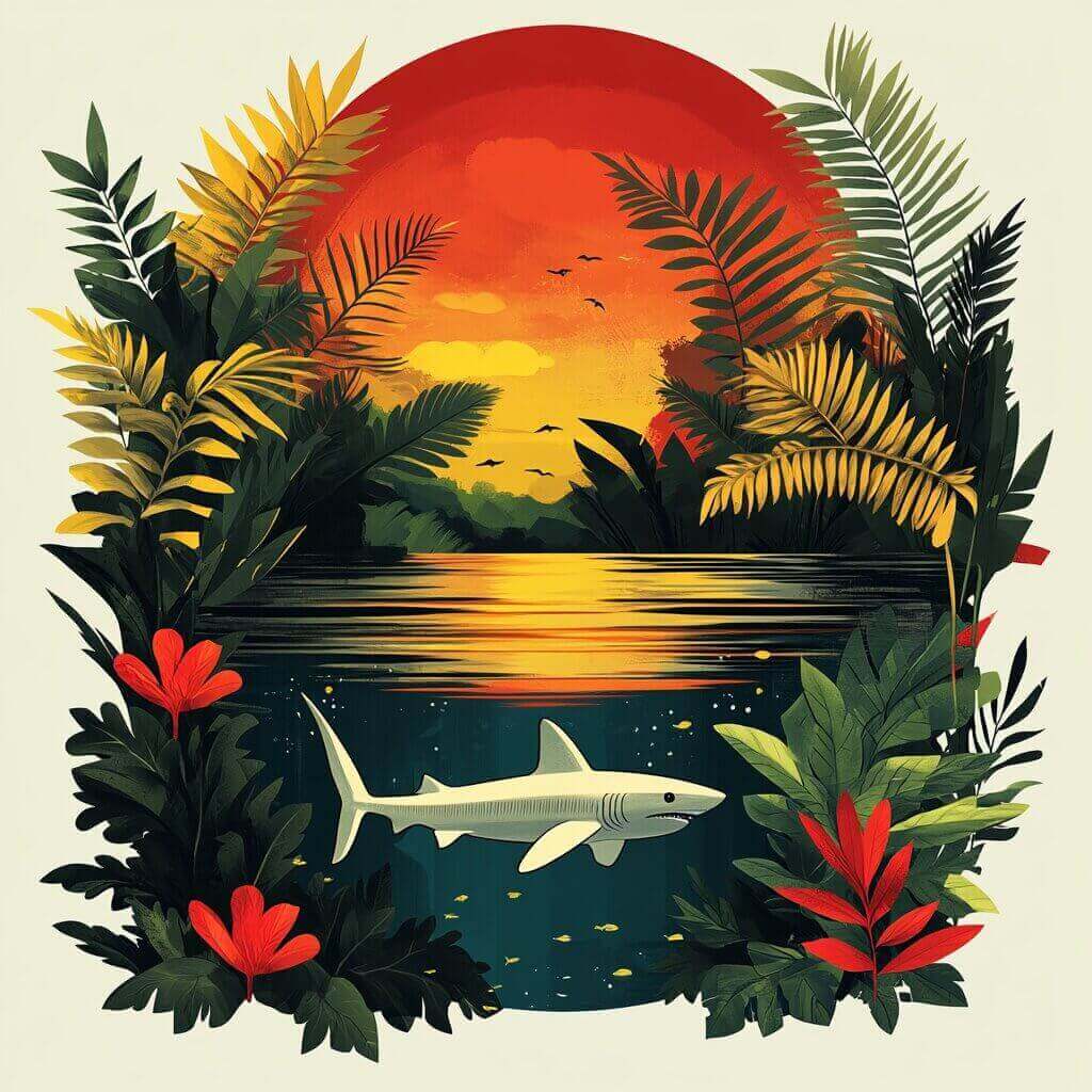 Illustration of a shark swimming in a tranquil lake surrounded by lush tropical plants with a vibrant sunset in the background, sparking curiosity about whether sharks can live in lakes.