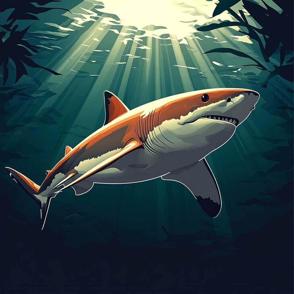 Illustration of a shark swimming underwater with sunlight filtering through the surface and aquatic plants in the background, evoking a scene that might prompt one to wonder: can sharks live in lakes?