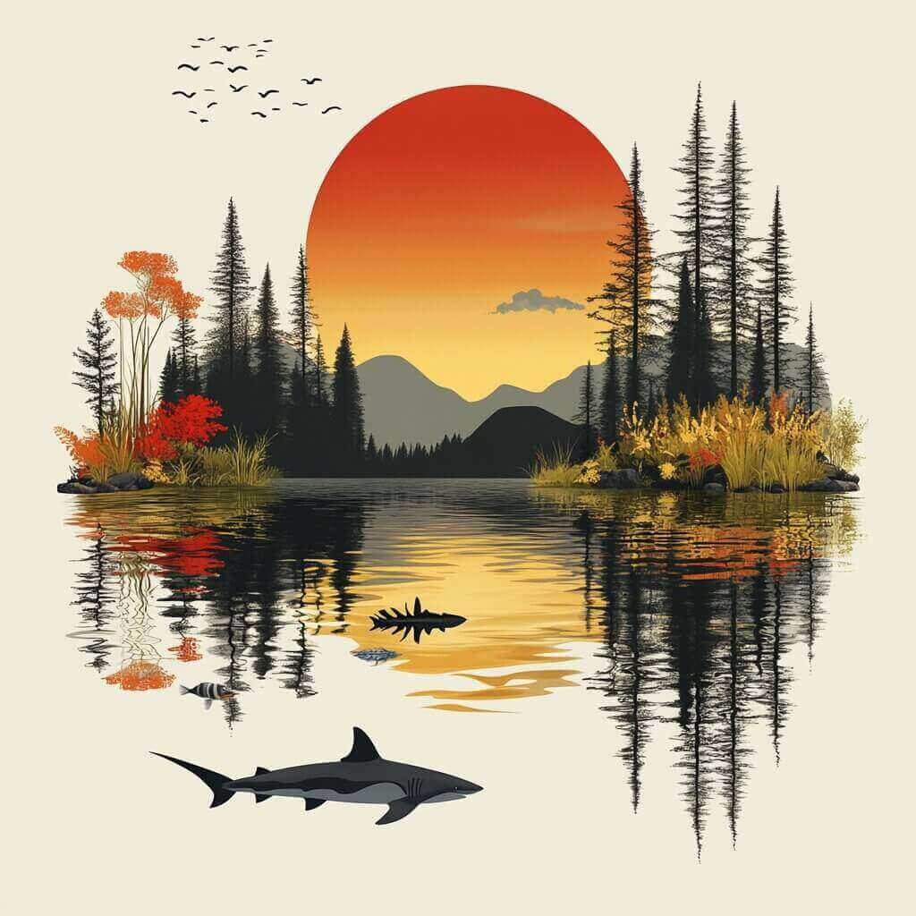 Can Shark Live in Lake featuring an Illustration of a tranquil lake with a shark, birds, trees, and mountains in the background against an orange-red sunset sky. Can sharks live in lakes?