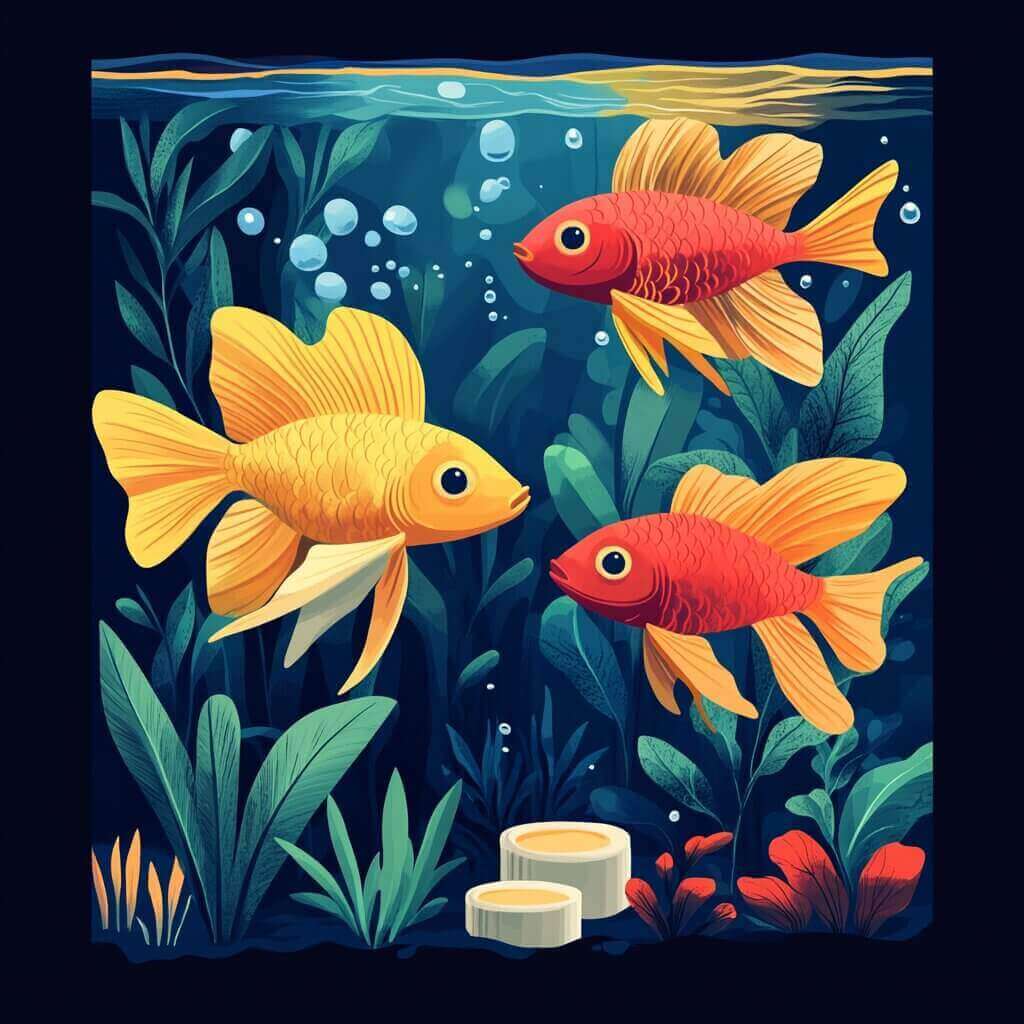 Illustration of three goldfish swimming in a tank with aquatic plants, bubbles, and rocks, akin to the serene environment you'd need when learning how do you breed betta fish.