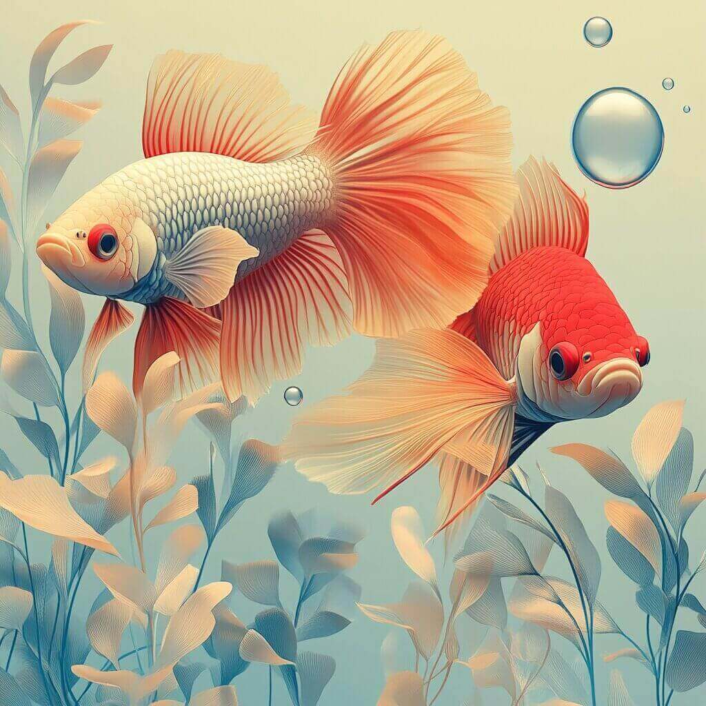 Two colorful betta fish swimming among aquatic plants, with bubbles rising to the surface. Curious how do you breed betta fish?