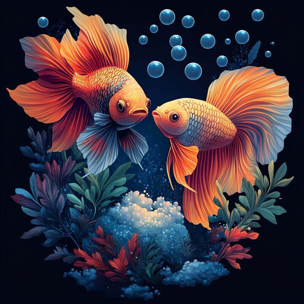 Two goldfish swim among plants and bubbles in an underwater scene, with vibrant colors and detailed scales, creating a mesmerizing backdrop that might make you wonder: How do you breed betta fish?