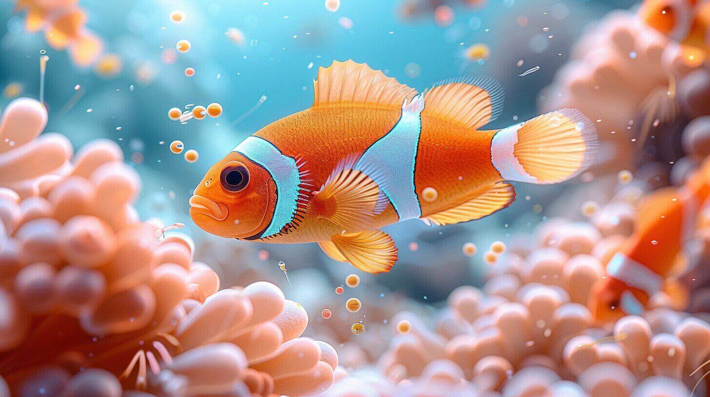 A clownfish, following its diet of algae and small marine creatures, swims among anemones in a vibrant underwater scene.