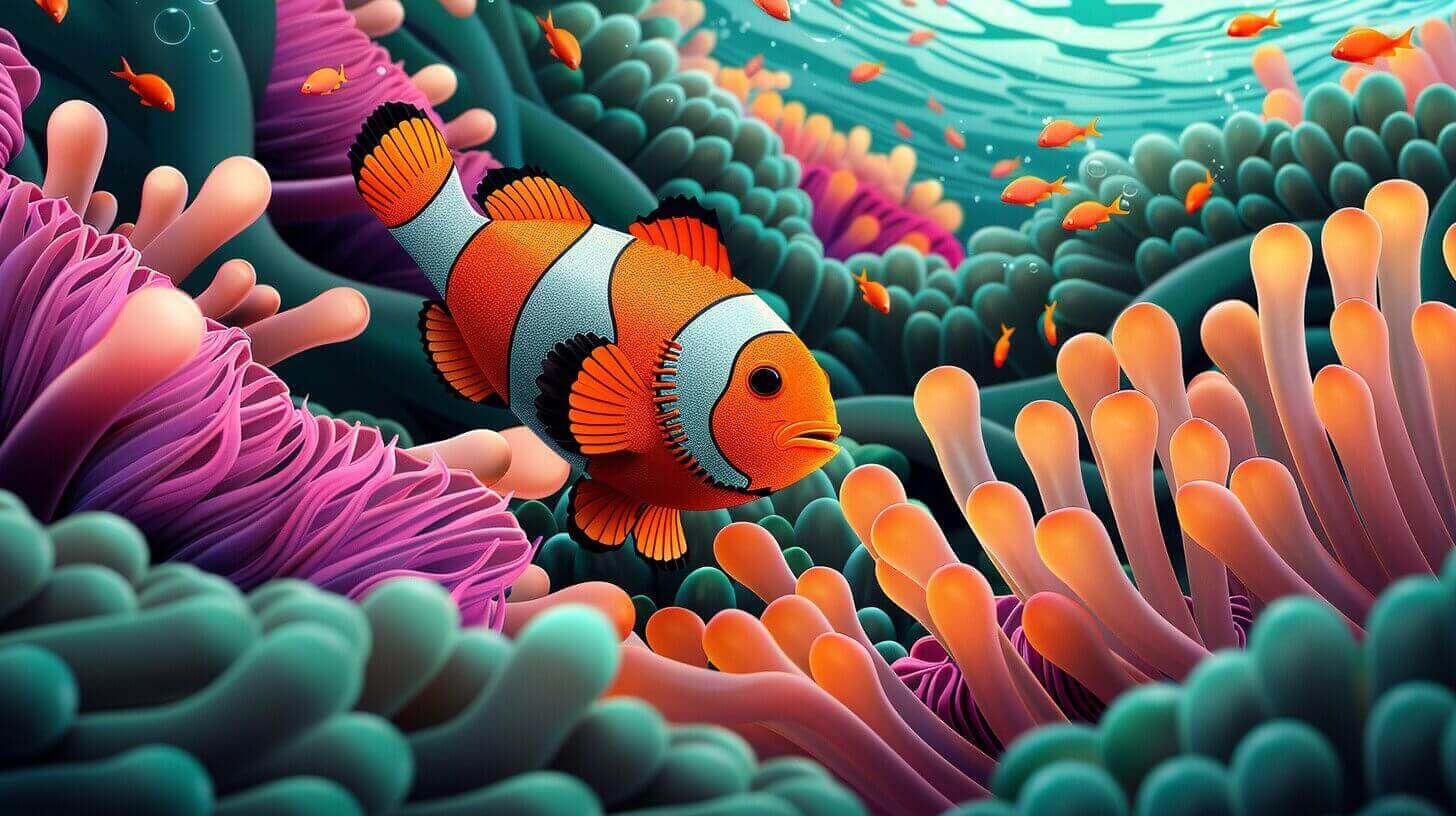 A clownfish, keen on its varied diet, swims among colorful sea anemones in an underwater scene, accompanied by small orange fish.