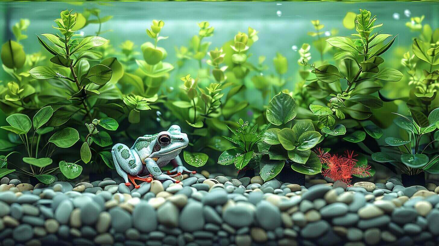 A green and black frog, with its diet rooted in the aquatic realm, sits among lush aquatic plants on a bed of pebbles underwater.