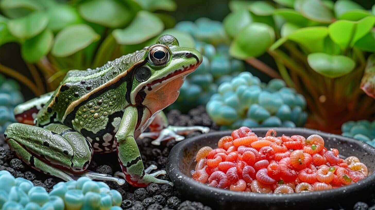 A green frog, part of an aquatic frog diet, sits on black pebbles next to a bowl of red worms, surrounded by lush green plants and vibrant blue stones.