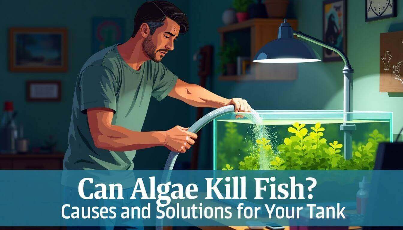 A man is using a vacuum to clean an aquarium. The text on the image reads, "Can Algae Kill Fish? Causes and Solutions for Your Tank.