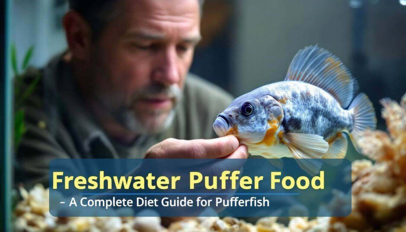 A person examines a pufferfish in an aquarium. Text overlay reads: "Freshwater Puffer Food – A Complete Diet Guide for Pufferfish.