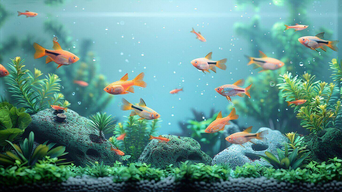 How Many Fish 30 Gallon Tank featuring a variety of small fish gracefully swim in the lush, planted aquarium, bringing life to the rocks and green vegetation. Wondering how many fish would thrive in a 30-gallon tank with similar scenery?