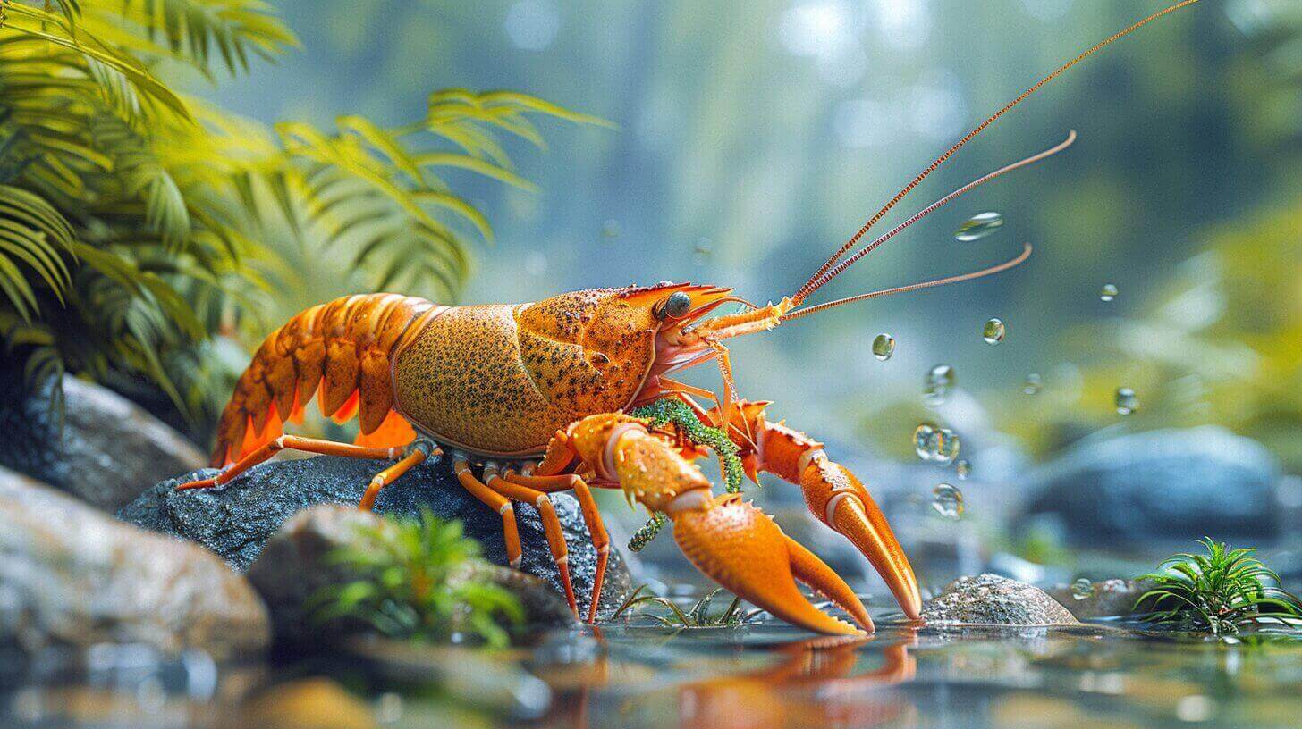 A vibrant orange crayfish perches on a rock in a lush, green river setting, where it searches for food among the droplets of water suspended in the air.