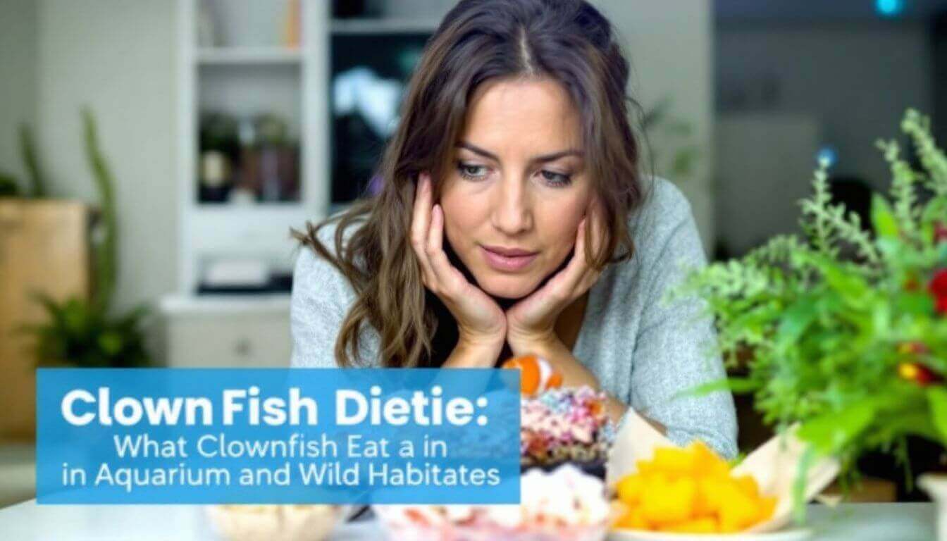 A woman looks thoughtfully at a table with cupcakes and fruit. Text on image discusses clownfish diet.