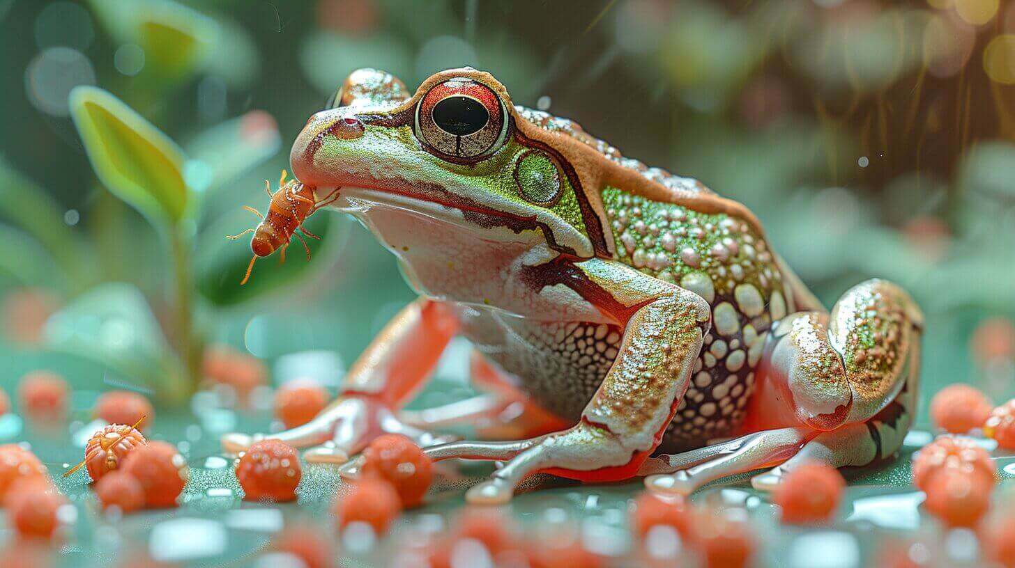 An aquatic frog sits among small berries, showcasing its diverse diet by holding an insect in its mouth, with green leaves in the background.