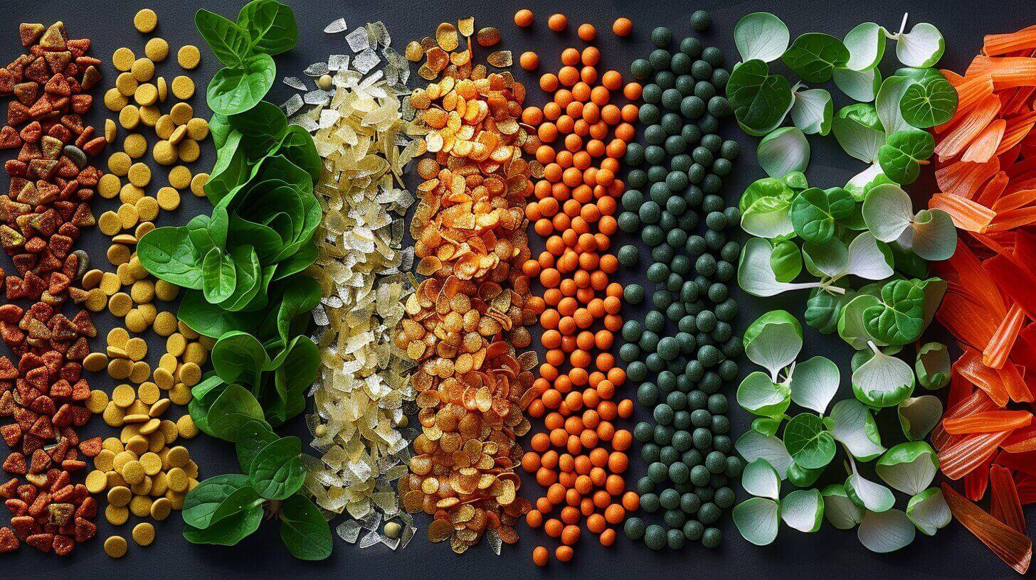 An assortment of colorful pet foods, including dry kibble, green leaves, pellets, and treats—perfect for when you're wondering how much do goldfish eat—arranged in neat vertical rows on a dark background.