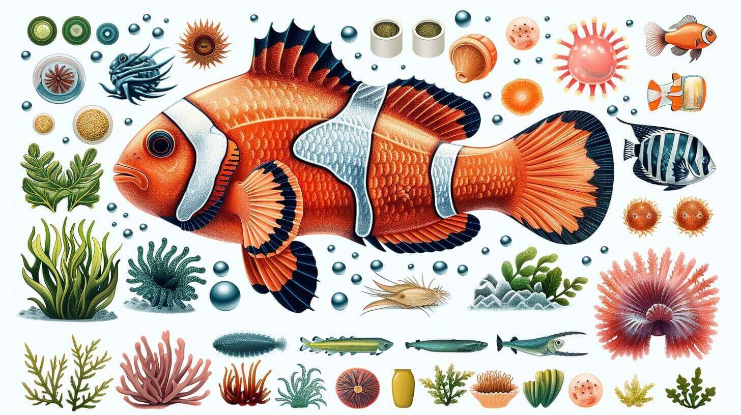 An illustration of a large clownfish showcases its vibrant surroundings, teeming with diverse marine life. Discovering elements of the clownfish diet, the artwork features smaller fish, corals, algae, and sea anemones amidst a vivid underwater world.