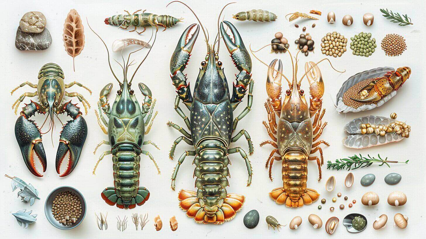 An illustration of various crustaceans, including crayfish—known for their diverse diet—alongside insects, leaves, and stones artistically arranged on a white background.