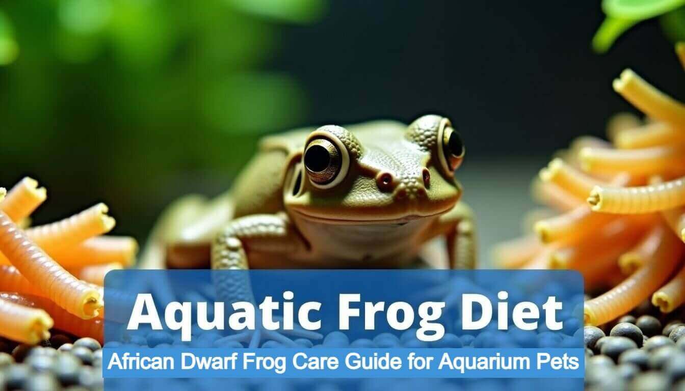 Close-up of a frog amid worms and pebbles, with text reading "Aquatic Frog Diet: African Dwarf Frog Care Guide for Aquarium Pets," offering insights into the best aquatic frog diet for your beloved amphibian friend.