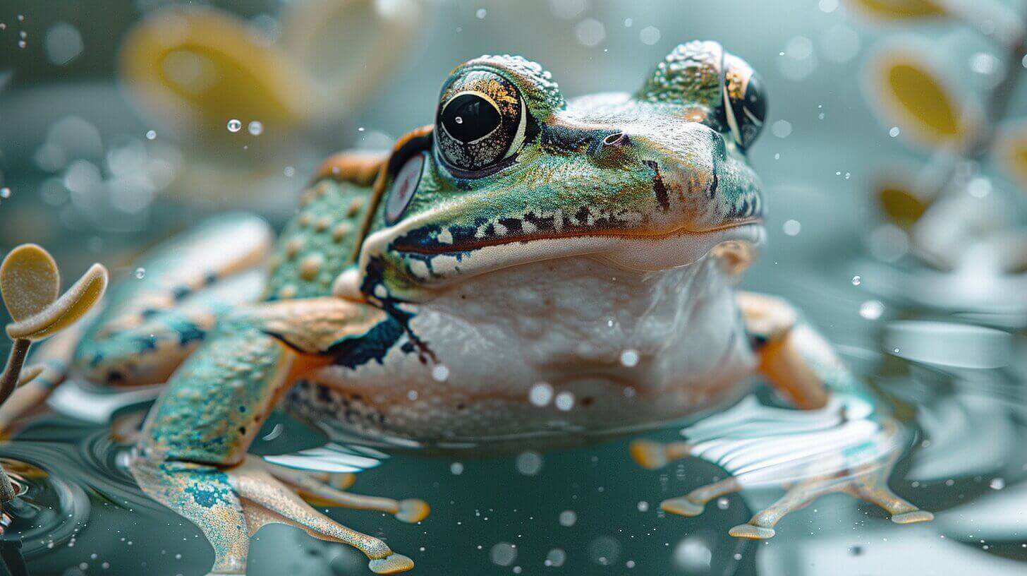 Close-up of a green and brown frog, partaking in its aquatic habitat, surrounded by small plants and droplets.