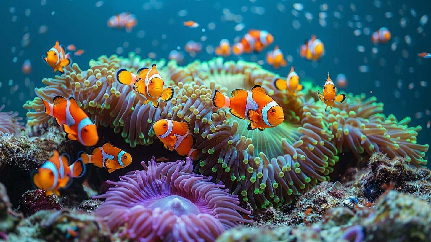 Clownfish gracefully swim around colorful sea anemones in a vibrant coral reef, always mindful of their unique diet.