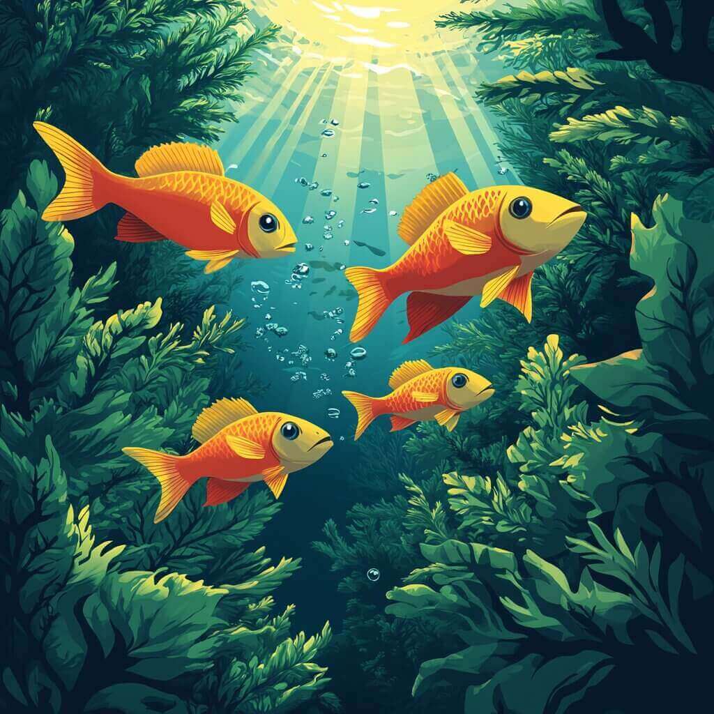 Can Algae Kill Fish featuring Four orange fish swim among green underwater plants with sunlight filtering through the water above, blissfully unaware of how algae can sometimes kill fish in certain conditions.