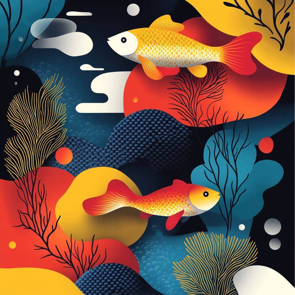 Illustrated scene with two colorful fish swimming among abstract shapes and aquatic plants in vibrant reds, blues, and yellows, capturing the wonder of underwater life while sparking curiosity about why my fish are staying at the top of the tank.