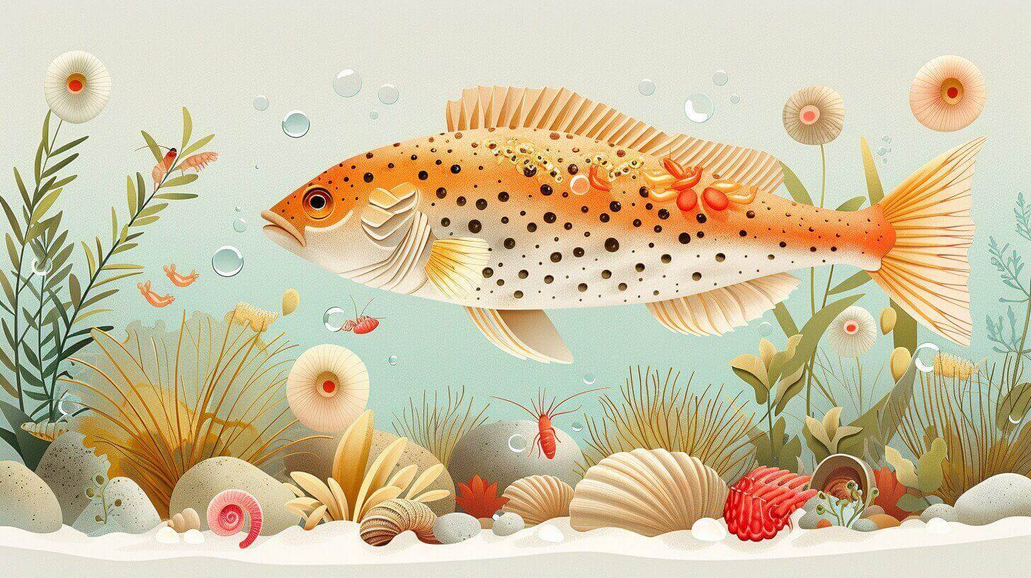 Illustration of a colorful freshwater puffer swimming among various underwater plants and seashells, with bubbles surrounding it.