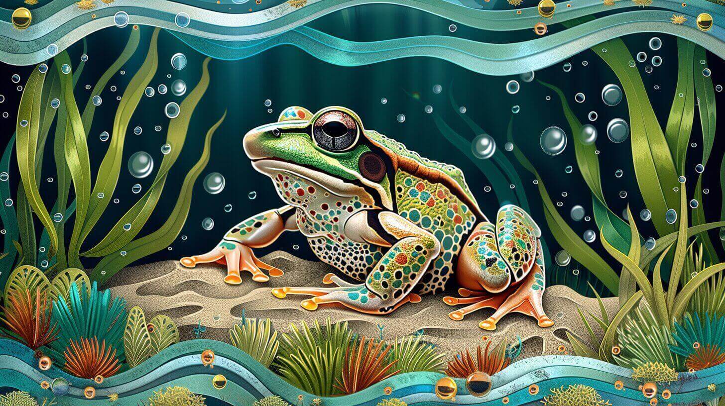 Illustration of a colorful frog with intricate patterns, surrounded by water, bubbles, and aquatic plants, showcasing hints of its diverse aquatic diet.