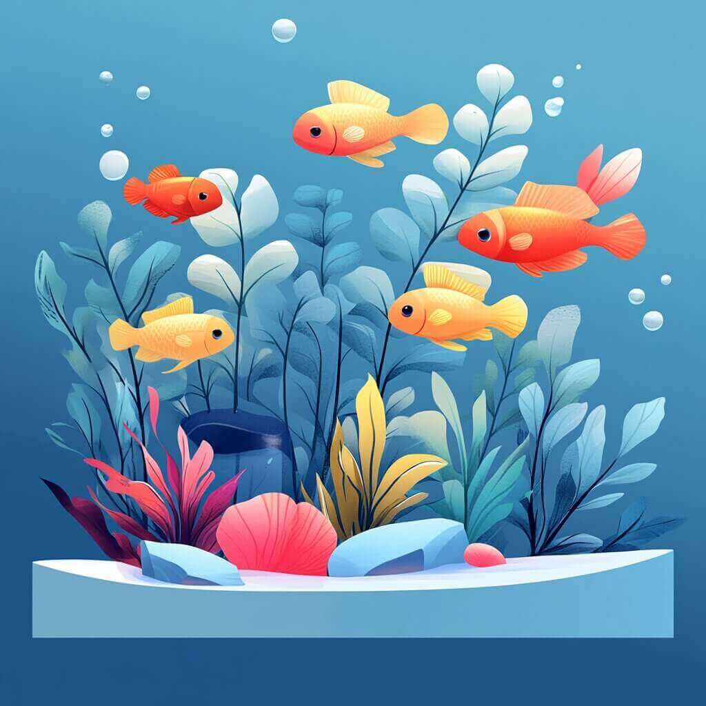 Illustration of a fish tank with five colorful fish swimming among various green and red aquatic plants, in soft water against a light blue background with bubbles.