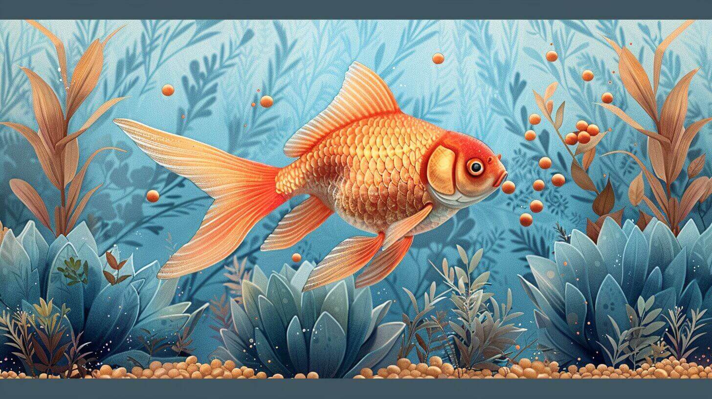 Illustration of a goldfish gracefully swimming among aquatic plants with air bubbles, set against a blue background, subtly pondering how much do goldfish eat in this serene underwater scene.