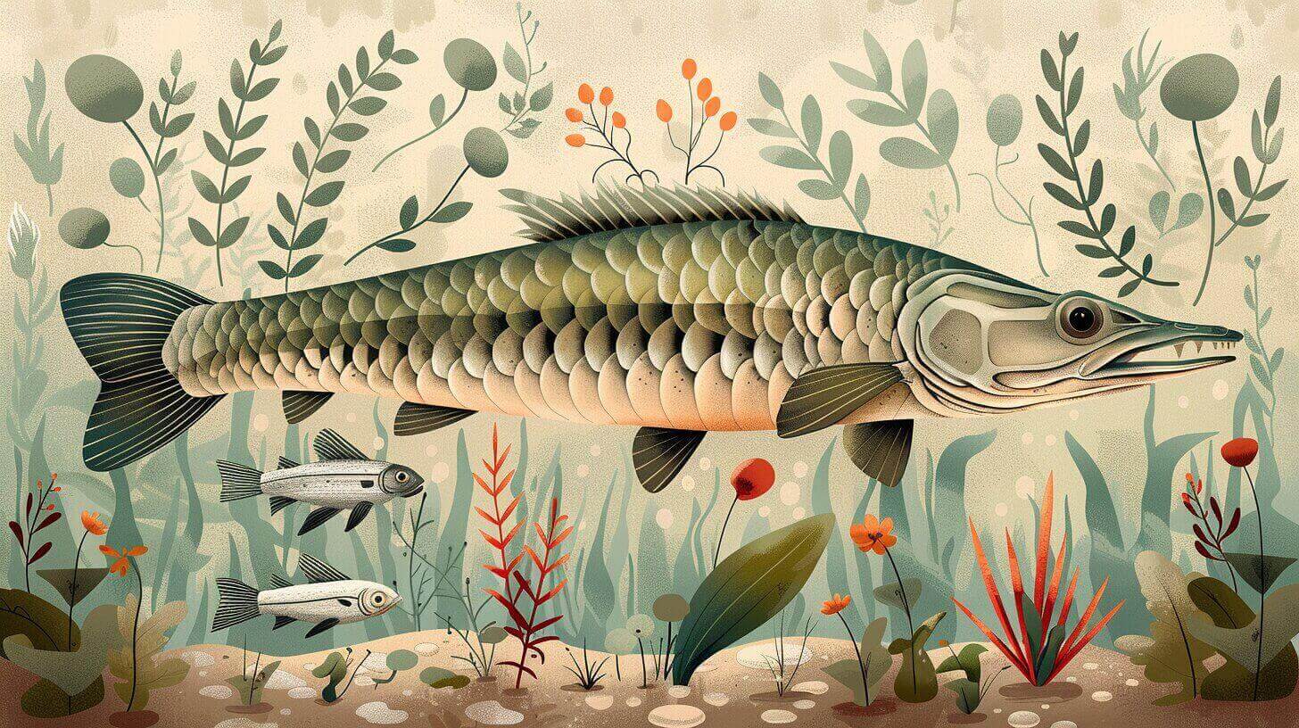 Illustration of a large fish with detailed scales swimming among aquatic plants and smaller fish, resembling an underwater scene one might find while exploring what gar fish eat.