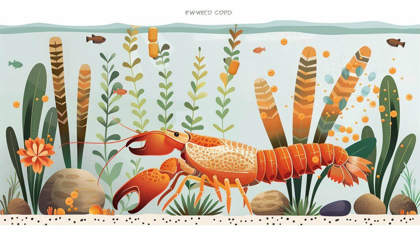 Illustration of a lobster in an underwater scene with seaweed, rocks, and small fish exploring what food crayfish eat. The lobster is orange with detailed textures.