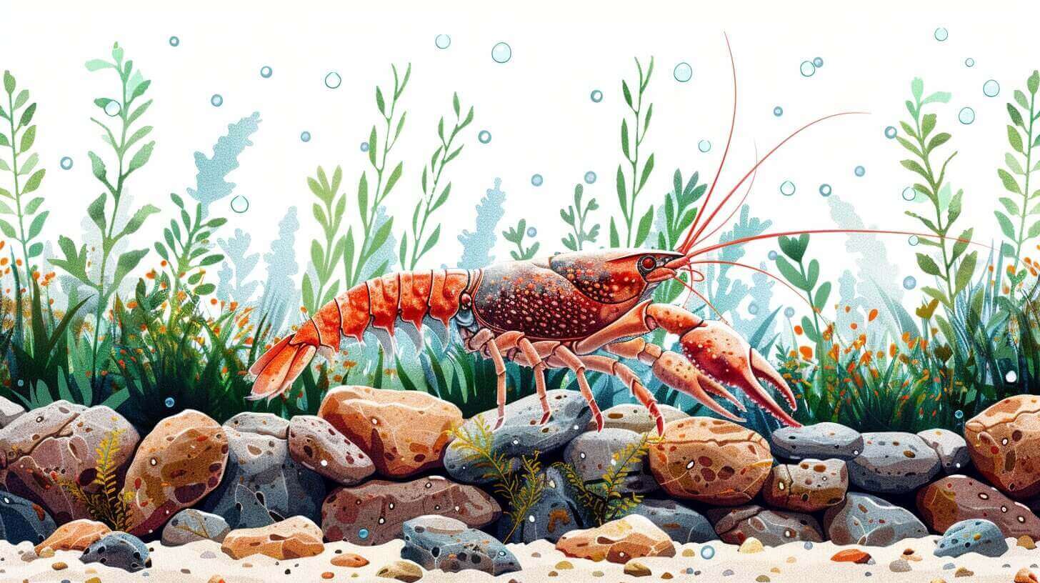 Illustration of a lobster walking on a rocky seabed, surrounded by aquatic plants and bubbles. Amidst the serene scene, one might wonder what food crayfish eat in such vibrant underwater habitats.