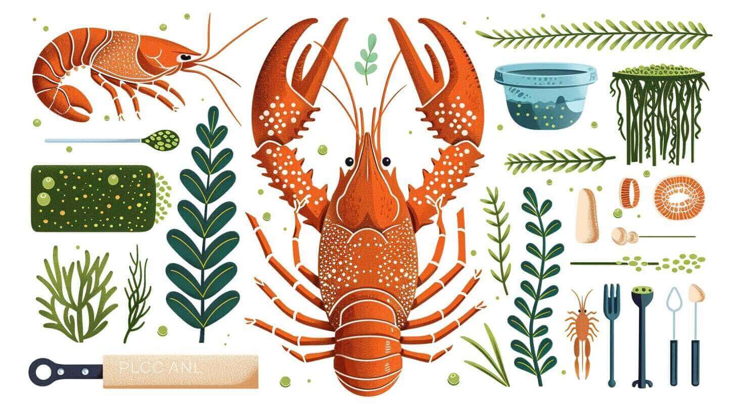 Illustration of a lobster with various cooking utensils, herbs, and sea plants, including forks, a cutting board, and a pot—an underwater feast hinting at the delectable diet crayfish enjoy.