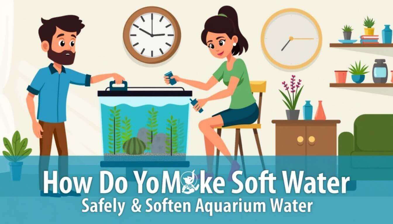 Illustration of a man and woman adding chemicals to an aquarium with plants and fish. Text reads: "How Do You Make Soft Water: Safely & Soften Aquarium Water.