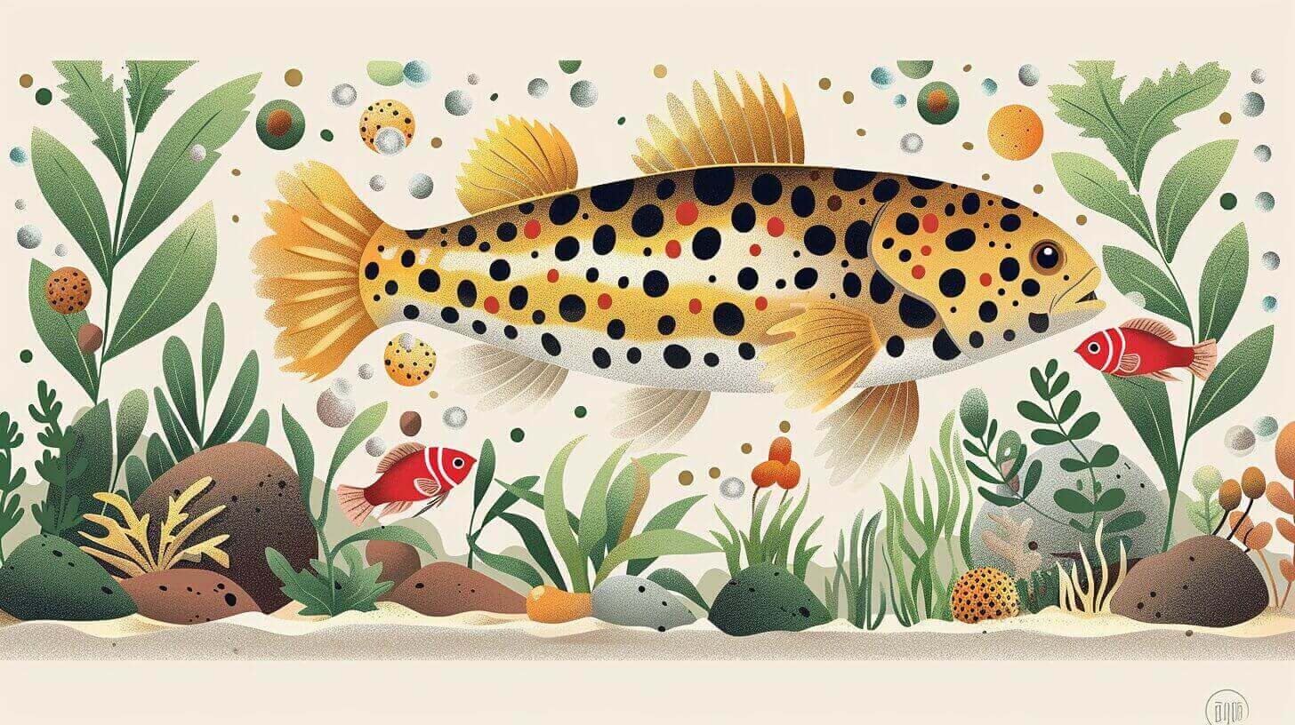 Illustration of a spotted freshwater puffer gracefully swimming in an underwater scene with plants, rocks, and bubbles.