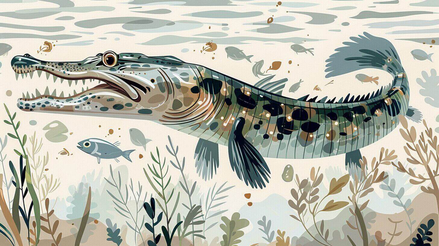 Illustration of an alligator swimming underwater, stealthily moving through schools of fish and lush aquatic plants, possibly eyeing what gar fish eat in this vibrant ecosystem.