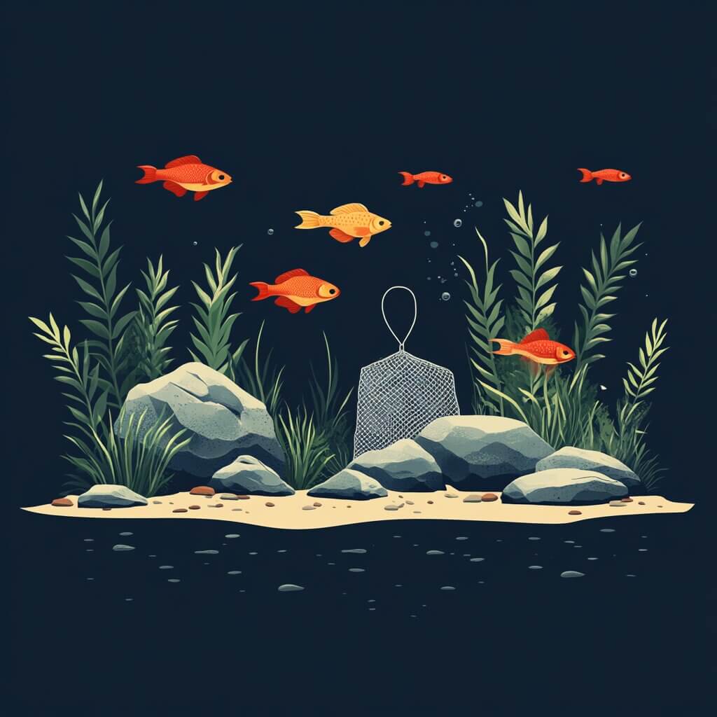 Illustration of an aquarium scene with red and orange fish swimming among green plants and rocks on a sandy bottom. A mesh net is placed upright on the sand, creating a serene environment akin to learning how to make soft water for your aquatic friends.