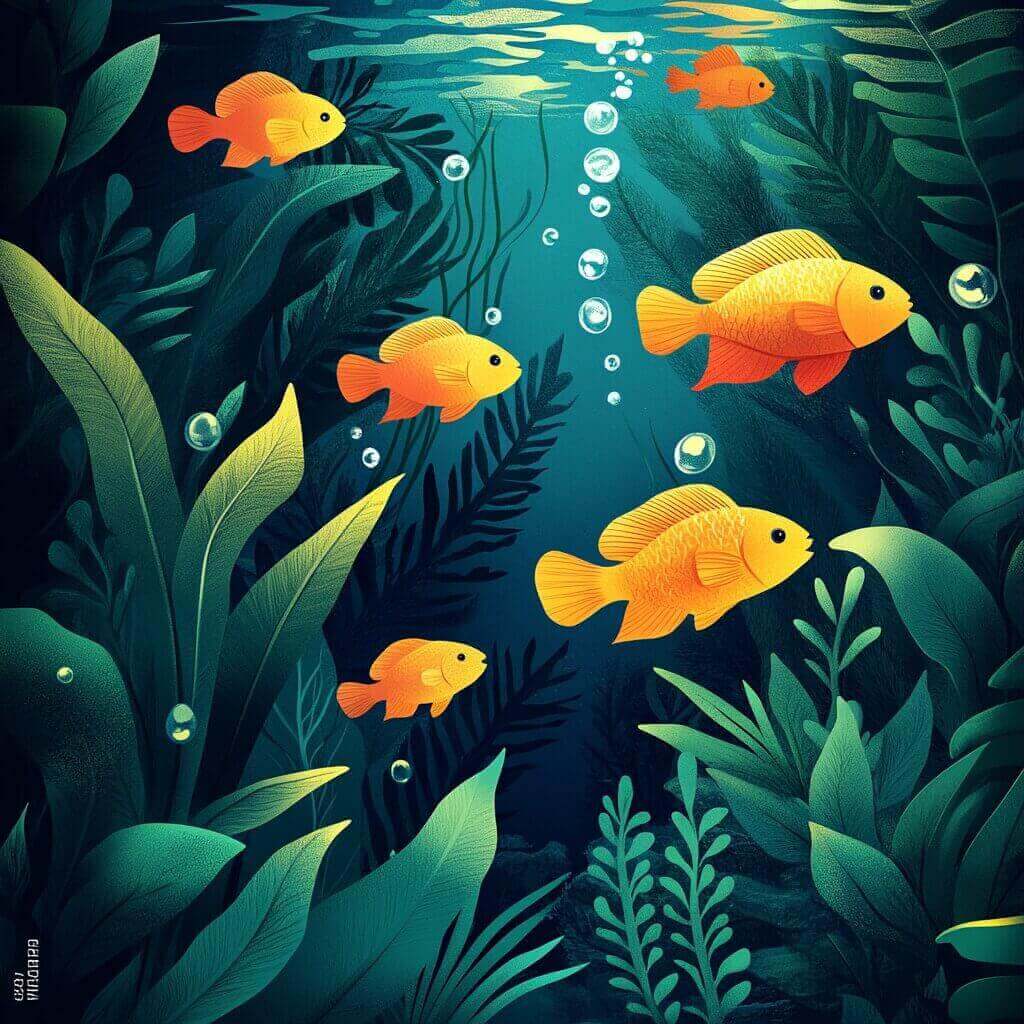 Illustration of five orange fish swimming among green aquatic plants and algae underwater, with bubbles rising towards the surface.