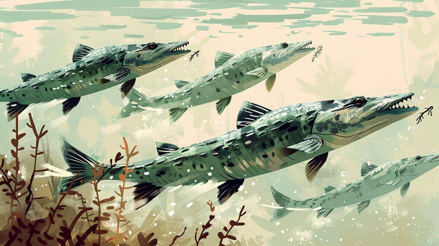 Illustration of four barracudas swimming underwater among seaweed, set against a light background, reminiscent of the habitat where gar fish feed on smaller aquatic creatures.