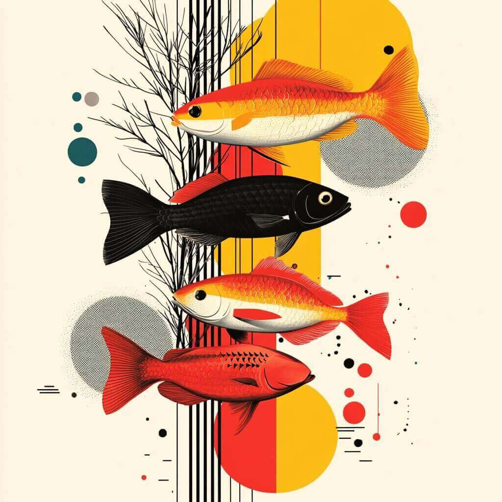 Illustration of four stylized fish in a vertical arrangement, featuring vibrant red, orange, and black colors, set against a background of abstract shapes and lines. It evokes the curious question: Why are my fish staying at the top of the tank?