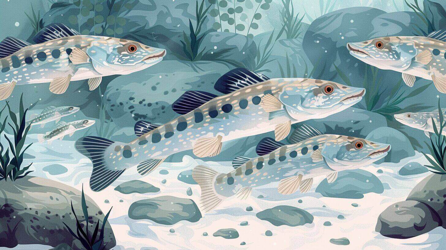 Illustration of several pike swimming in a freshwater habitat with rocks and aquatic plants, sharing the environment with gar fish curious about what they eat.