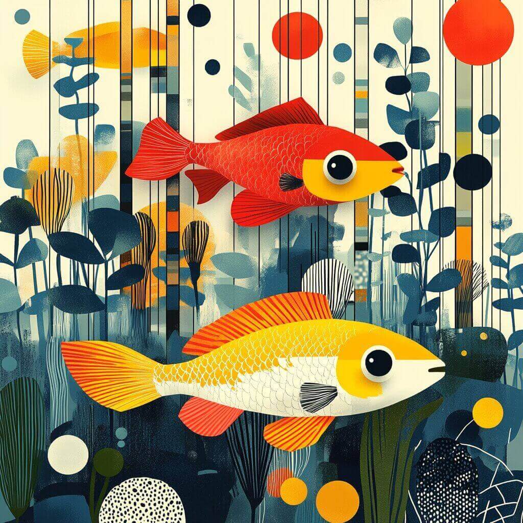 Illustration of two vibrant fish, one red and one yellow, swimming at the top among abstract aquatic plants and geometric shapes, inviting you to ponder: why are my fish staying at the top of the tank?