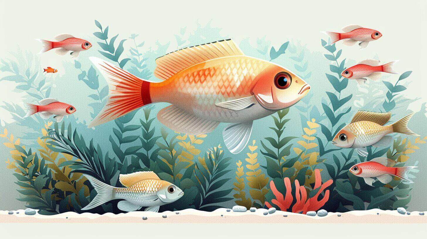 Illustration of various fish swimming among aquatic plants in a serene underwater world, with one large central fish and several smaller, colorful companions—much like a vibrant 30-gallon tank filled with lively marine life.