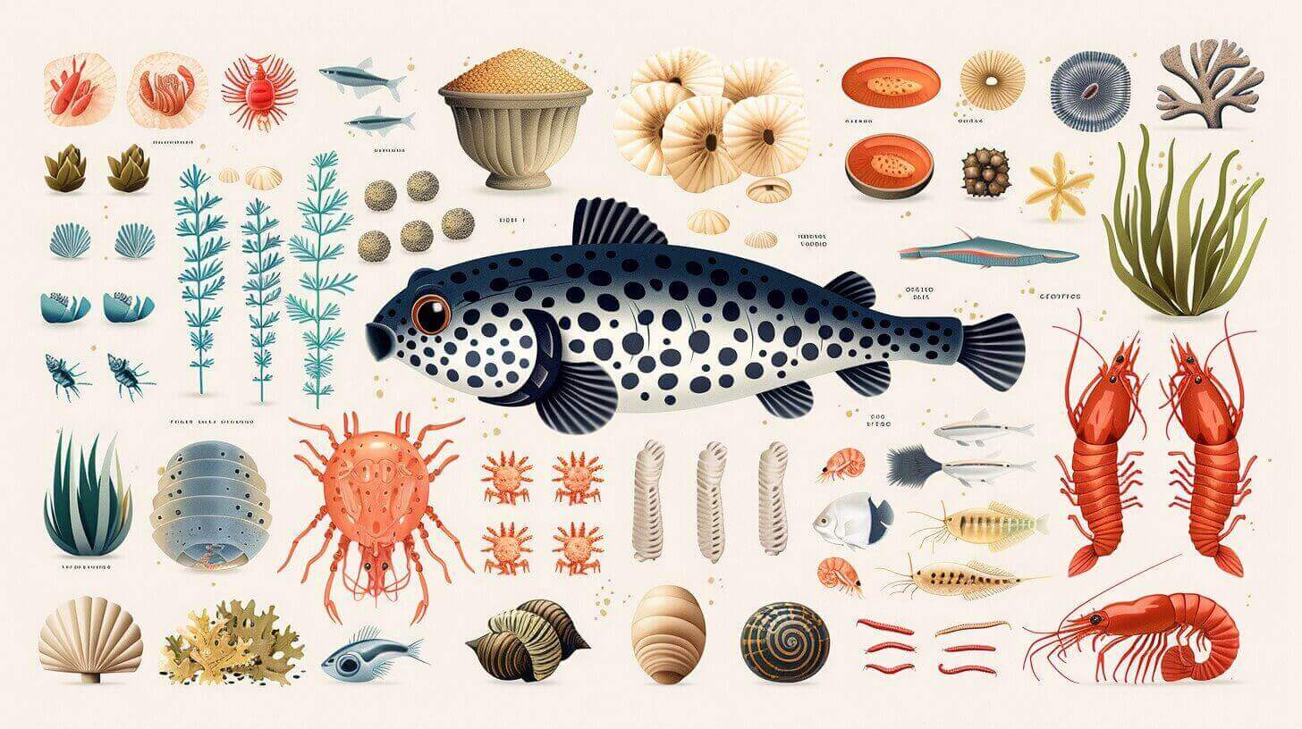 Illustration of various marine life, including fish, lobsters, coral, and sea plants, alongside details on freshwater puffer food, arranged in a vivid and colorful chart.