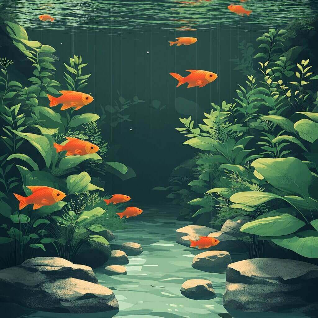 In an underwater scene, vibrant orange fish gracefully swim among lush green plants and rocks, enhanced by the clarity of soft water.